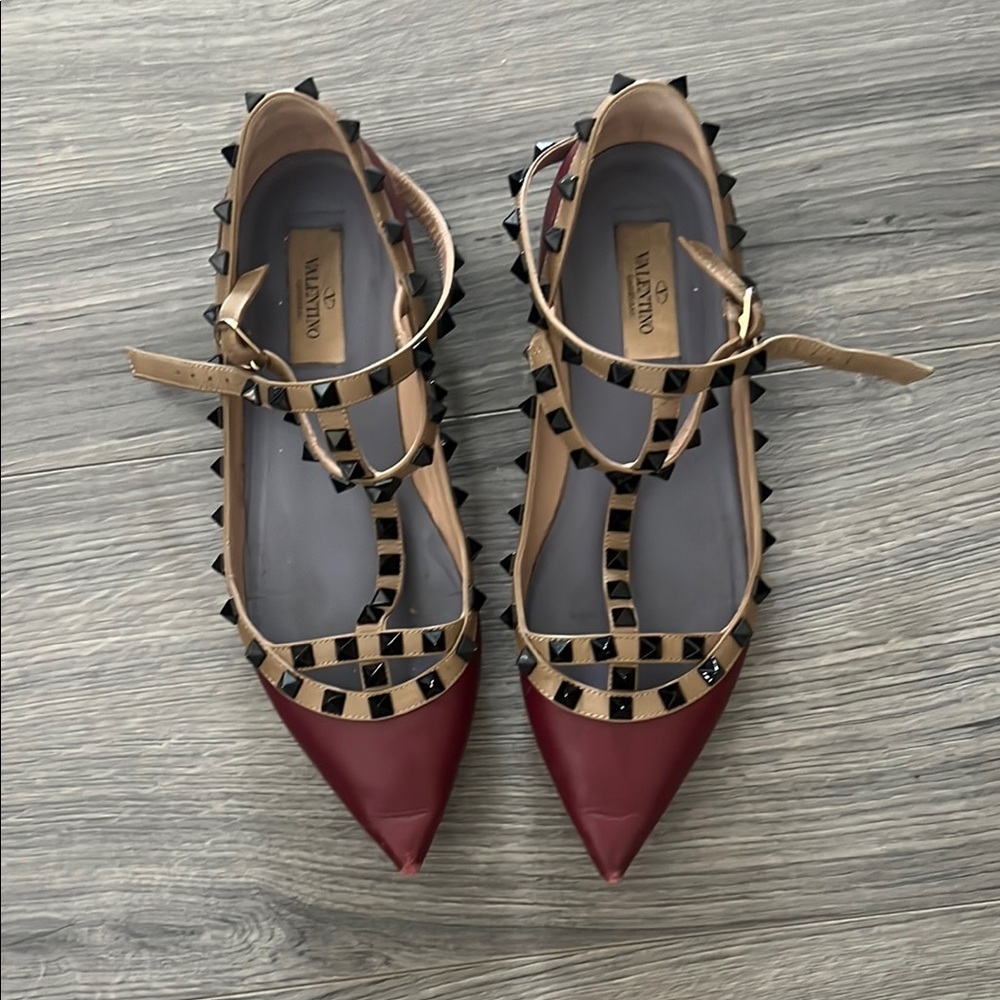 Valentino Red and Tan Studded Flats with T-Strap Design